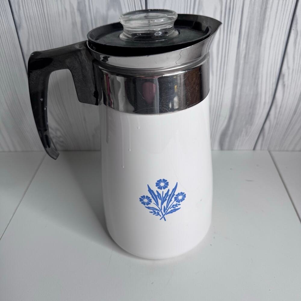 Vintage 9 cup Corning Ware Percolator Coffee Pot, Blue Cornflower